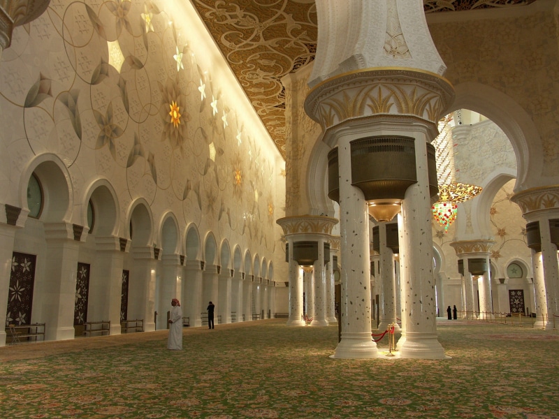 ceiling, travel destinations, day, architecture, arabic, arcade, spirituality, u a e, colonnade, building exterior, walking, building, mosque, place of worship