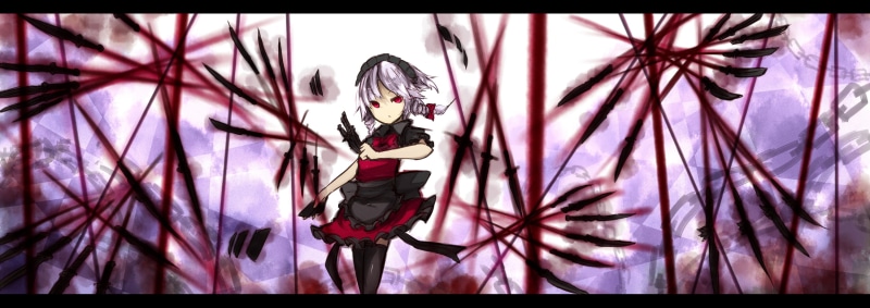 braids, maid, shiroganeusagi, red, chain, dualscreen, hair, m u g e n, izayoi, short, 2K, sakuya, eyes, knife, touhou, gray, thighhighs