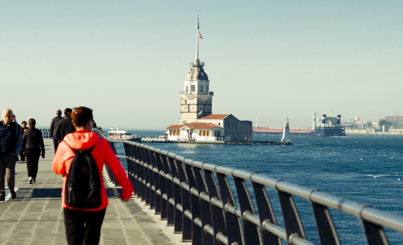 maidens tower kiz kulesi, real people, maiden tower, building exterior, sky, people, 4K, rear view, solar, lifestyles, street photo, railing, üsküdar