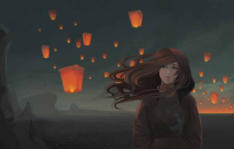 lantern, orange color, blue eyes, 480P, artwork, light, nature, desert, young adult, glowing, lanterns, illuminated, windy, sky lanterns, lighting equipment