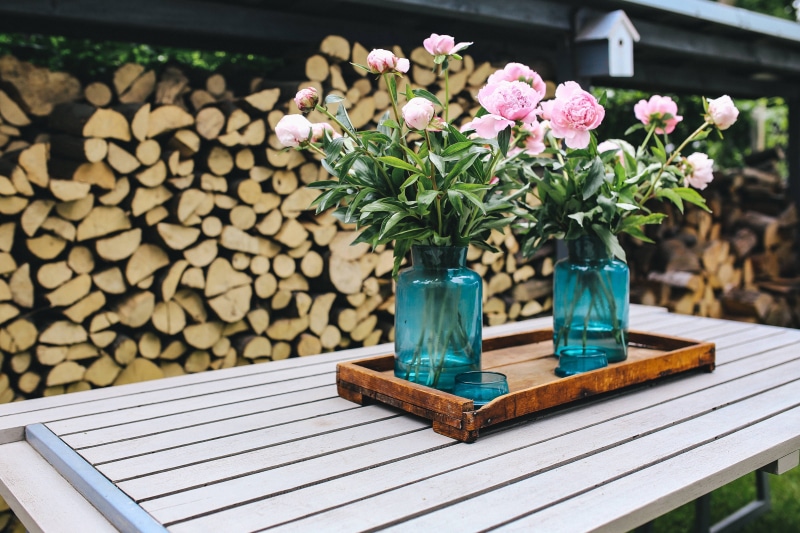timber, wooden table, garden, logs, flowering plant, flower, no people, sunny, decoration, beauty in nature, green color, nature, focus on foreground, fragility