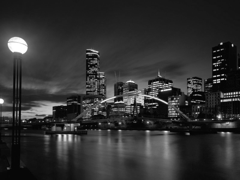 white, Melbourne, water, lantern, monochrome, lights, reflection, night, black, Australia, river, town, 720P, cityscape