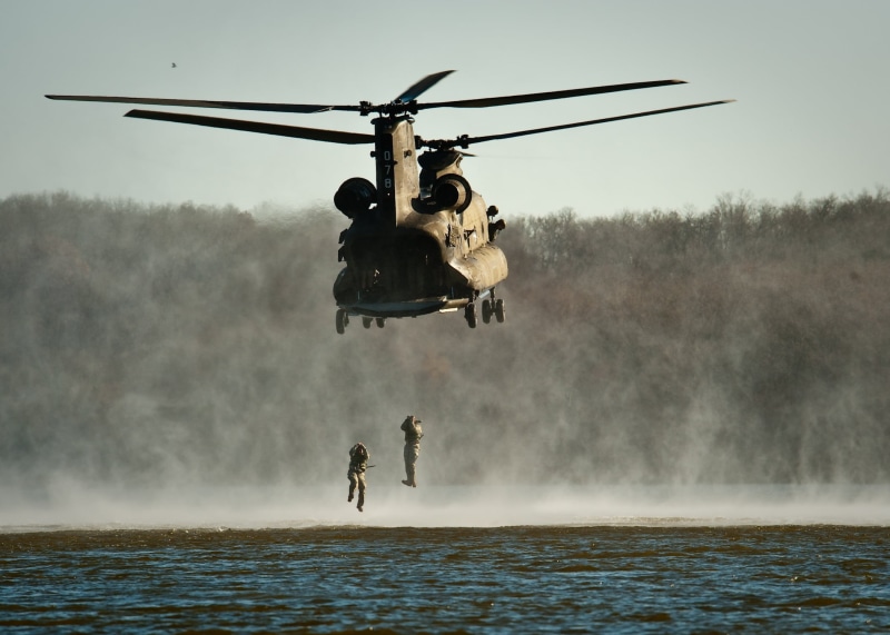 fall, military training, water, daytime, motion, people, hanging, flying, brown, helicopter, day, 1080P, rescue, transportation, two, mode of transportation