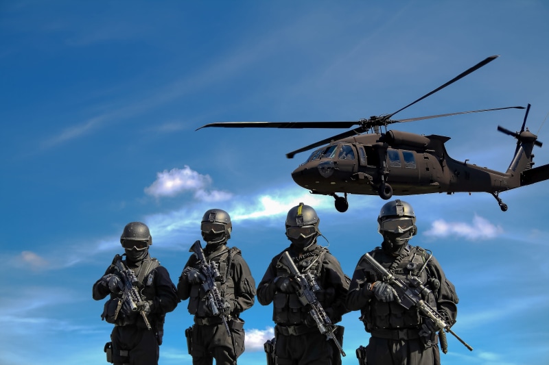 police, blue, rifles, weapons, dangerous, sky, mode of transportation, helicopter, weapon, special task force, military uniform, commando, defence, SWAT team