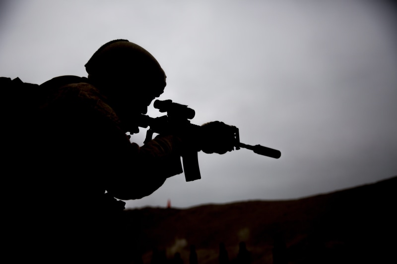 leisure activity, rifle, Training, training, real people, waist up, Soldier, live-fire, adults only, Exercise, sunset, sky, one person, nature, adult, 5K