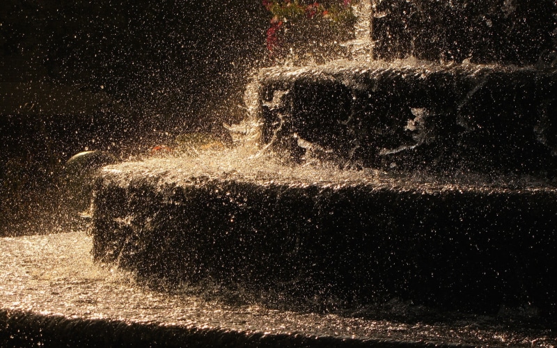 outdoors, splashing, water, outdoor, long exposure, nature, spraying, rain, 1080P, built structure, blurred motion, gray, motion, one person, refreshment