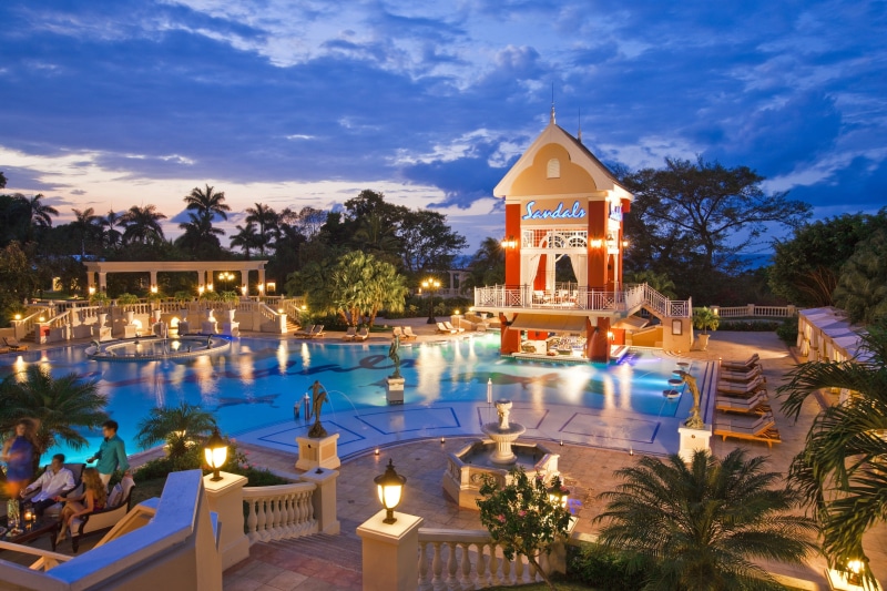 pool, ocean, evening, tree, palm, palm trees, swimming pool, 2K, exotic mood, swimming, green, luxury