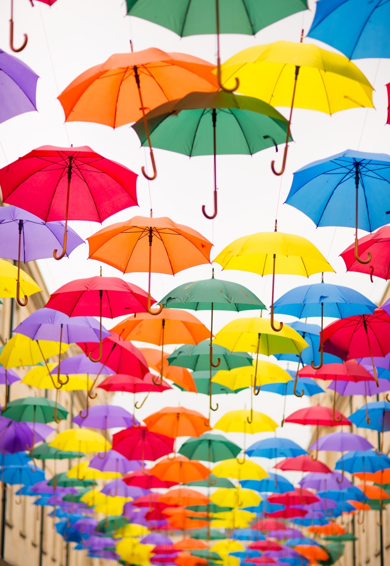 sky, no people, hanging, safety, in a row, full frame, outdoors, protection, variation, multi colored, bright, abundance, side by side, 5K, day, umbrellas