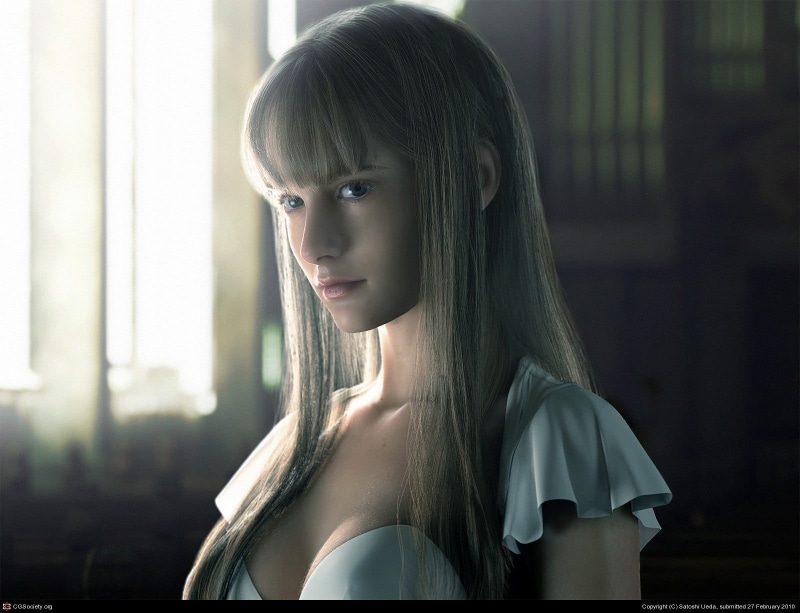 bangs, grey, s, long hair, sunlight, one person, hairstyle, beauty, women, CGI, day, looking, headshot, 720P, contemplation, looking away, outdoors, digital art