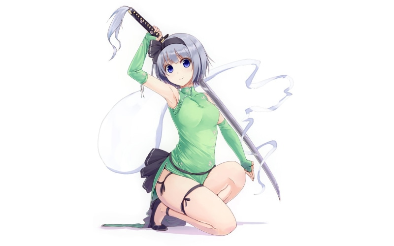 white background, casual clothing, hairstyle, katana, hair, portrait, costume, anime girls, Konpaku Youmu, 1080P, grey hair, young women, young adult