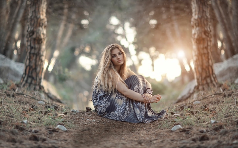 Forest, Sunrise, Sitting, Ground, floral, Girl, dress, 1080P, grey, woman