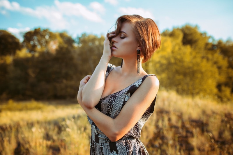 eyes, scoop, 1080P, sleeveless, women, neck, outdoors, portrait, dress, floral, grey, black, closed eyes, s, closed