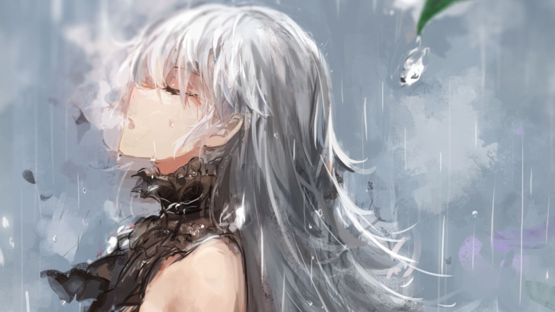 solo, long hair, bangs, water drops, original characters, closed eyes, white hair, black dress, rain, grey hair, smoke, 1080P, anime girls, open mouth