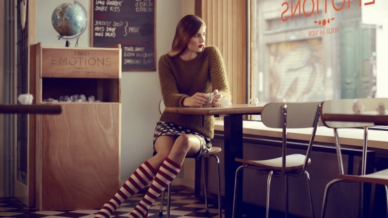 1080P, model, striped socks, knee-highs, looking out window, brunette, legs together, polka dots, portrait, women