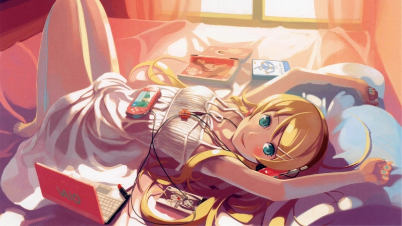 mask, girl, day, blonde, 1080P, blue eyes, sunlight, toy, legs together, legs, lying down, white, fun, console, human representation, indoors, white dress