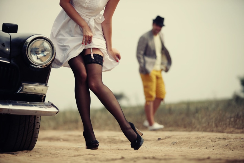 men, shoe, body part, human leg, women, two people, lifestyles, women outdoors, stockings, classic car, human body part, casual clothing, legs, real people