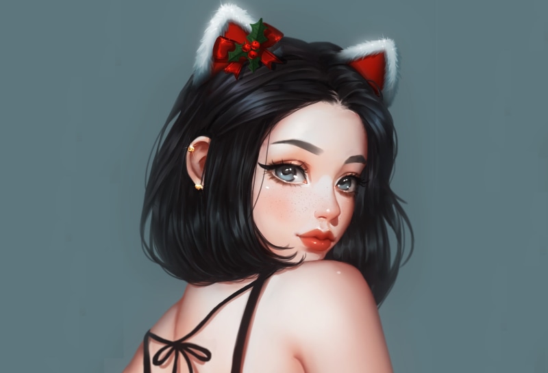 simple background, 2K, face, animal ears, brunette, anime, shoulder length hair, anime girls, Christmas, dark hair