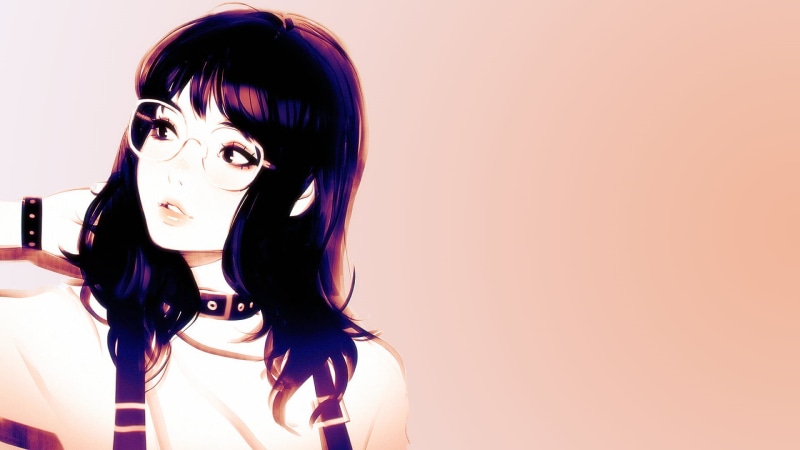 black hair, 1080P, shoulder length hair, glasses, minimalism, Ilya Kuvshinov, choker
