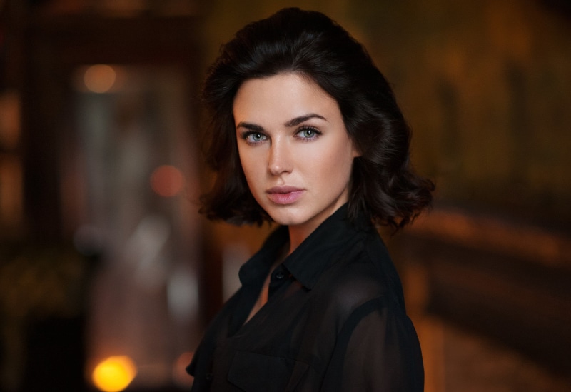 gray eyes, brunette, looking at viewer, Irina Antonenko, black shirt, shoulder length hair, Maxim Maximov, 1080P, dark hair, portrait, women
