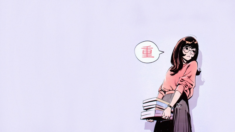 simple background, glasses, books, 2K, digital art, Ilya Kuvshinov, looking away, brunette, women, sweater, shoulder length hair, round glasses