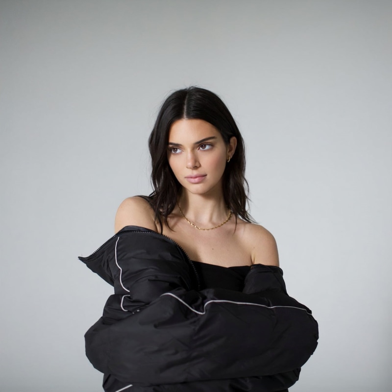 necklace, shoulder length hair, dark hair, Kendall Jenner, 720P, looking into the distance, model, bare shoulders, women, simple background, brunette