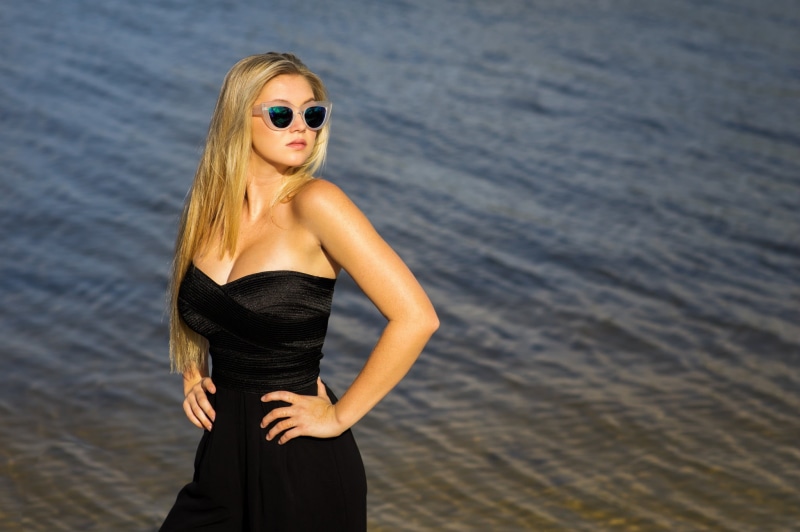 long hair, bare shoulders, looking away, adult, sunglasses, women with glasses, dress, blond hair, young women, beauty, hair, outdoors, standing, black dress