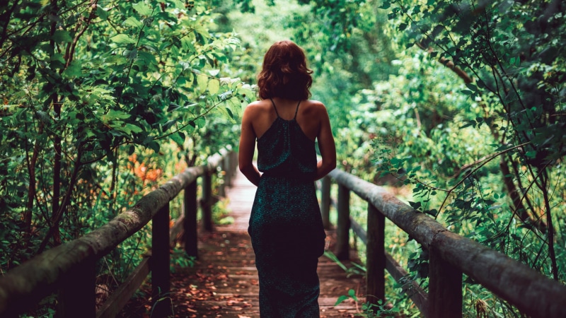 standing, growth, tree, wooden bridge, landscape, woodland, shoulder length hair, land, three quarter length, nature, redhead, bare shoulders, young adult