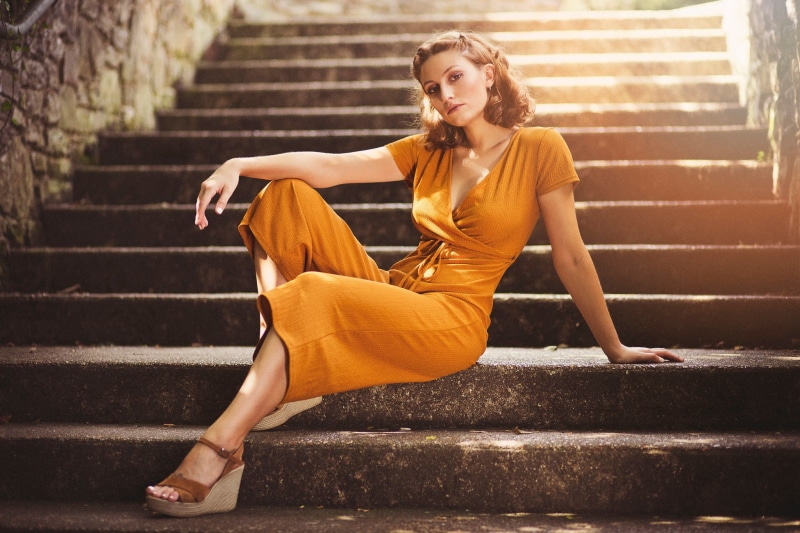 stage, ladder, 1080P, pose, girl, look, jumpsuit