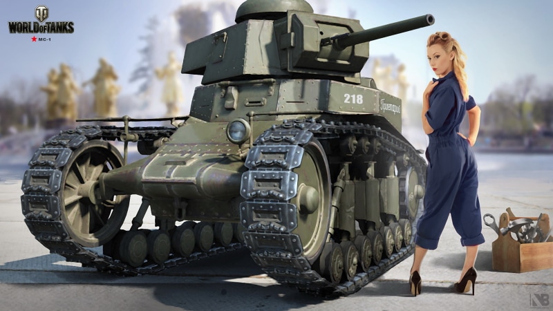 World of Tanks, MS-1, box, art, Soviet, blonde, Nikita Bolyakov, area, easy, jumpsuit, girl, figure, tank, shoes, 1080P, instrumento
