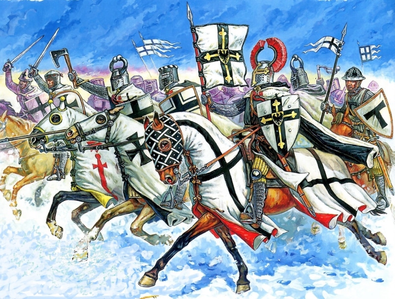 mittens, riding, outdoors, mail " jumpsuits", mounted knights, land, travel, 13век, knights, banner(sign), water, 1080P, large group of objects, nature