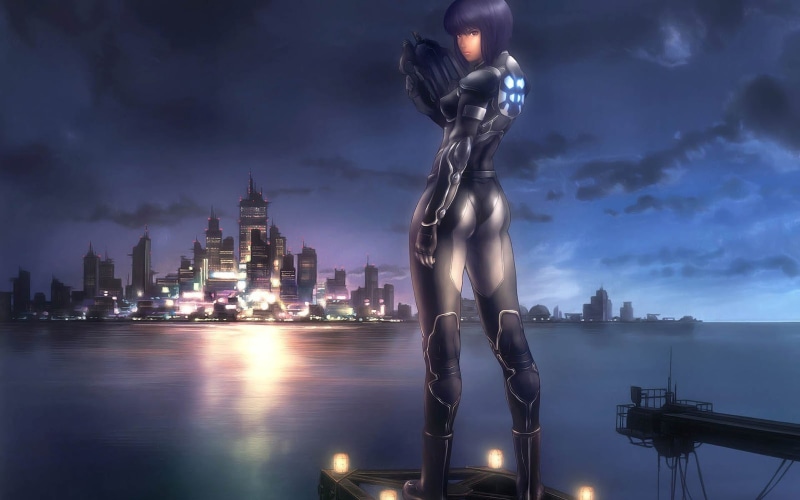 cloud - Sky, architecture, black, sunset, jumpsuit, water, character, marina, anime, cityscape, men, night, human representation, weapons, sky, nature