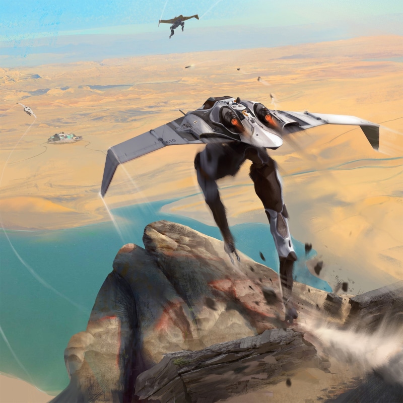 jumpsuit, digital art, artwork, cliff, desert, jumping, landscape, futuristic, science fiction, 1080P, wingsuit