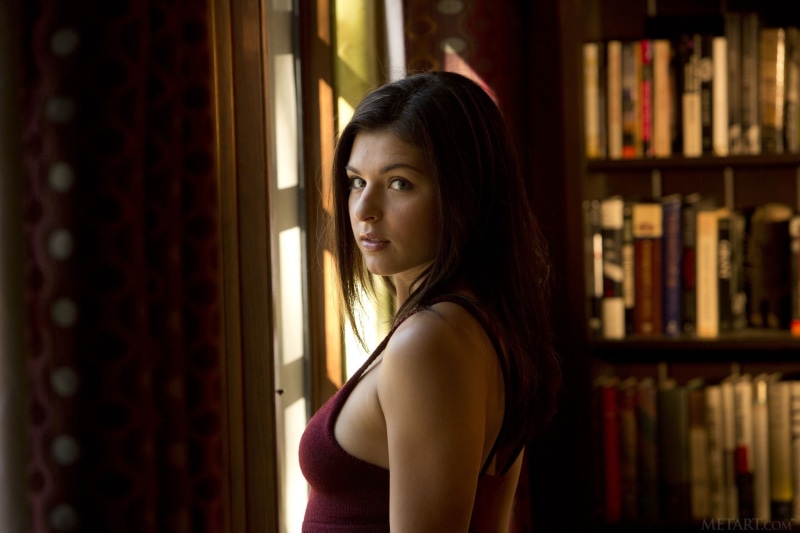 contemplation, maroon, indoors, s, model, portrait, beautiful woman, book, looking at camera, top, Leah Gotti, tank, women, one person, MetArt Magazine