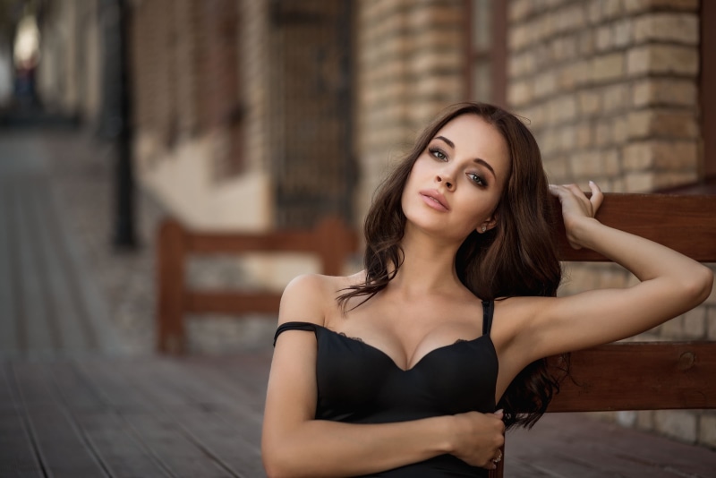 cleavage, 1080P, black clothing, women, portrait, face, brunette, Vitali Zuenok, women outdoors, armpits
