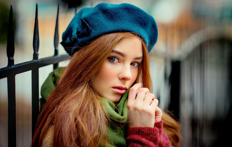1080P, women outdoors, looking at viewer, berets, scarf, women, sweater, hat, long hair