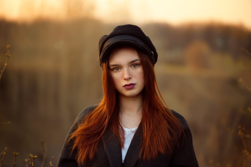 women outdoors, berets, redhead, depth of field, face, necklace, model, coats, looking at viewer, 2K, women, long hair