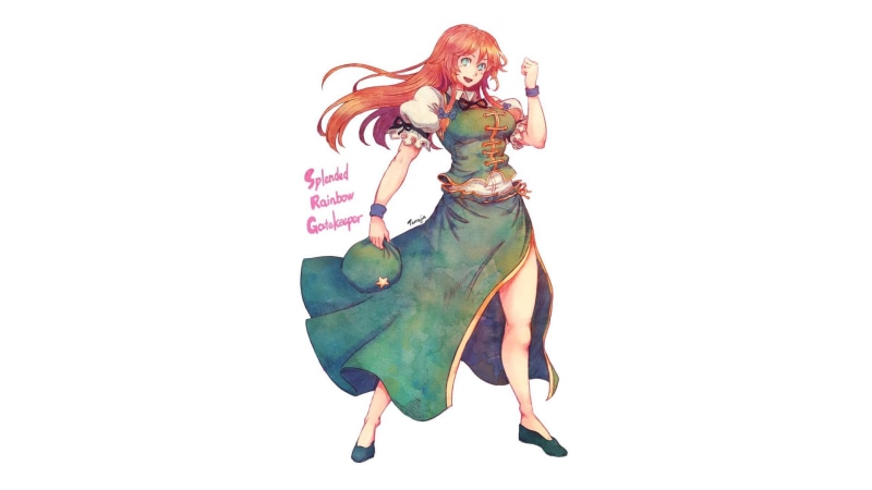 long hair, redhead, celebration, white background, berets, indoors, Touhou, copy space, multi colored, green color, full length, cut out, Hong Meiling