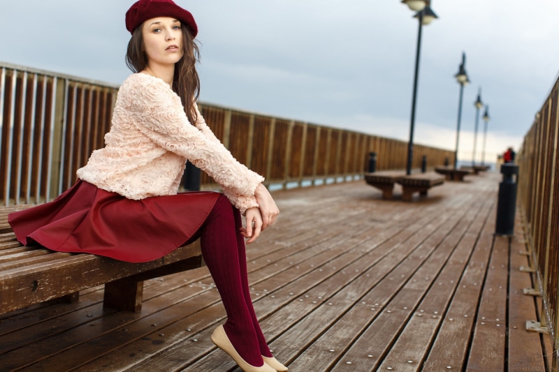 1080P, berets, skirt, red skirt, railings, tiptoe, brunette, bench, women, lamp, overcast, knee-highs, wooden surface, MetArt, sitting