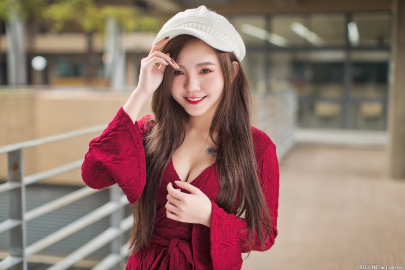 tattoo, red dress, dress, women, Asian, portrait, 1080P, cleavage, berets, depth of field, long hair, women outdoors, looking at viewer, red lipstick