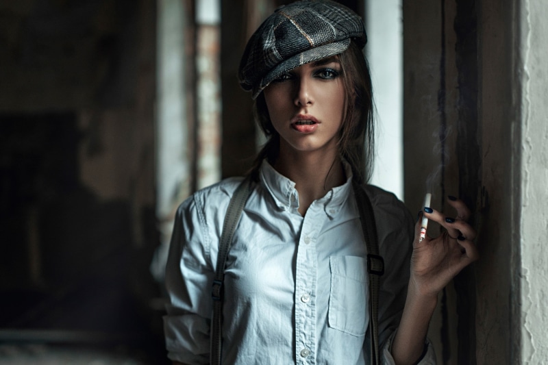 face, women, Georgy Chernyadyev, 1080P, model, smoke, portrait, berets, cigarettes, brunette