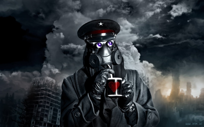 technology, sky, air pollution, obscured face, communication, smoke - physical structure, holding, waist up, romantically  apocalyptic, men, romance of the Apocalypse