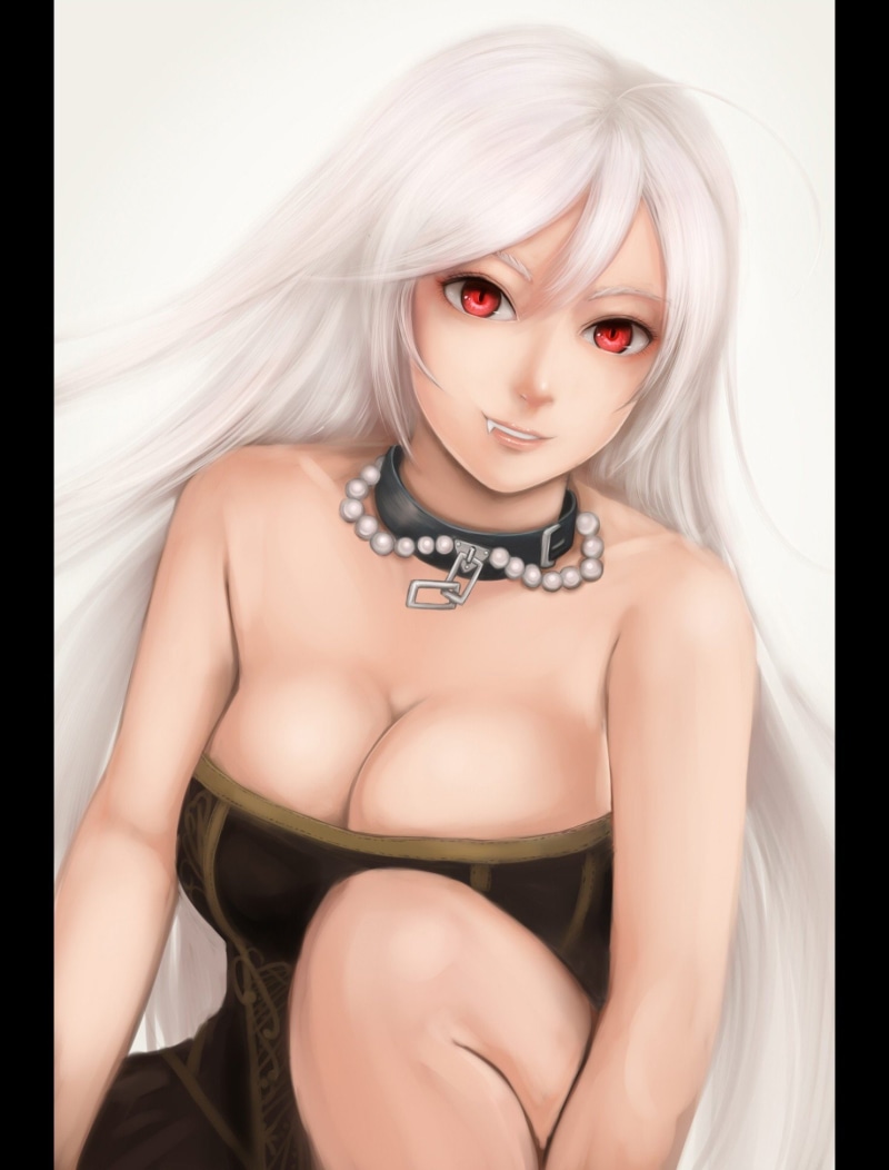 pupils, eyes, akashiya, realistic, long, anime, slit, rosario, moka, 1080P, chains, vampire, collar, smiling, red, hair, girls, dress, fangs, cleavage
