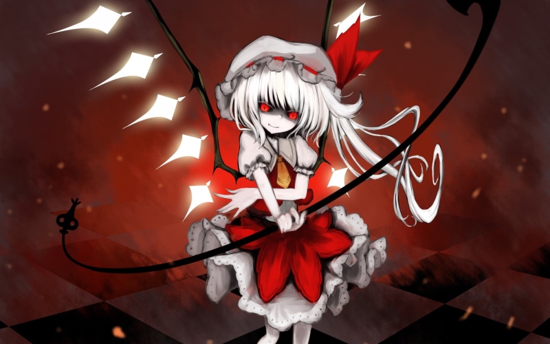 red, vampires, touhou, skirts, hats, long, slit, ponytails, video, weapons, pupils, laevateinn, spears, wings, side, white, hair, checkered, scarlet, games