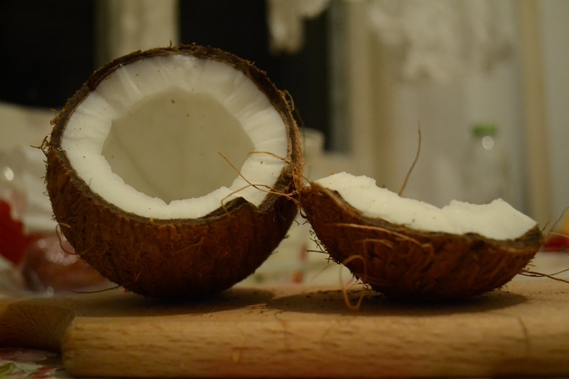 close-up, wood - material, freshness, food and drink, 4K, still life, nut, coconut, food, wellbeing, insect, fruit, table, cross section, day, slit, focus on foreground