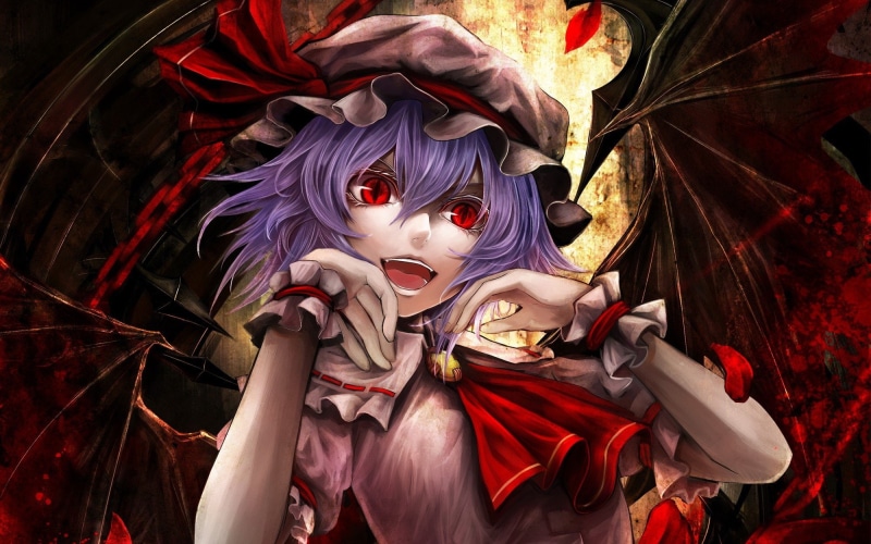 scarlet, open, short, pupils, touhou, vampires, dress, slit, hats, remilia, video, red, 1080P, mouth, eyes, games, flower, purple, cuffs, hair, petals