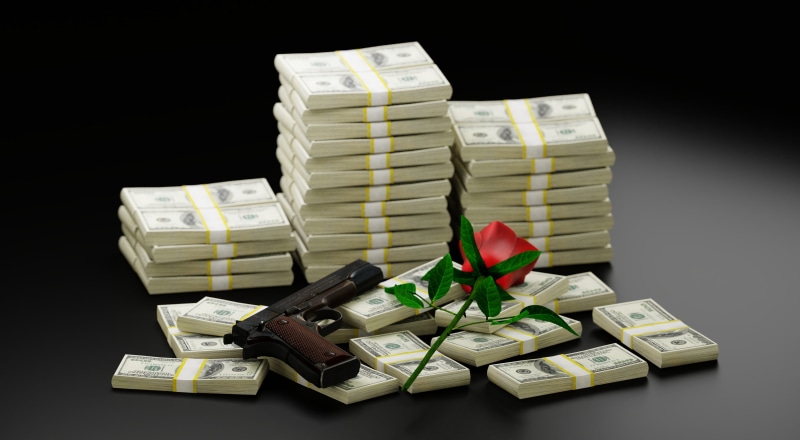 still life, 4K, weapon, excess, large group of objects, attachment, indoors, rose, relationship, red, rich, black background, rebel, symbol, colored background