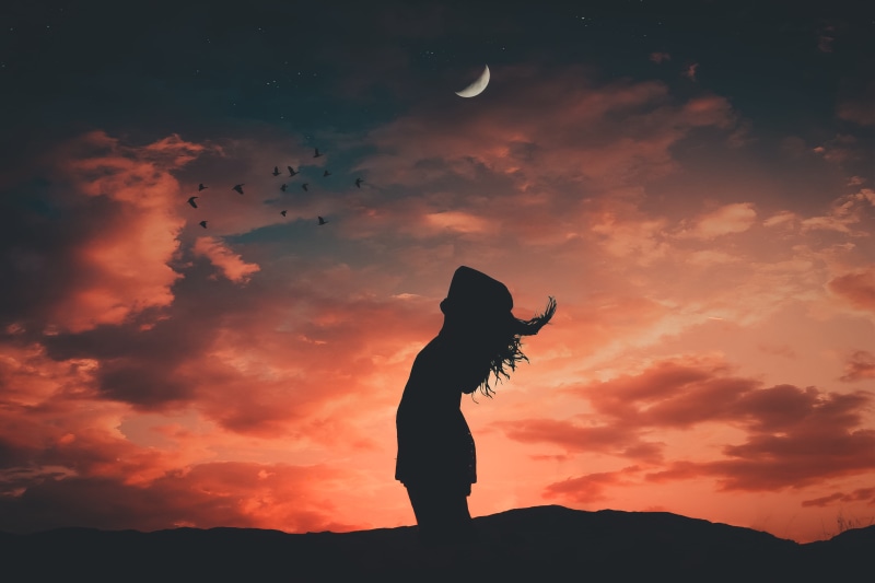 side view, scenic, tranquil scene, 4K, scenery, clouds, sky, sunrise, silhouette, standing, cloud - sky, backlit, orange color, one person, crescent moon