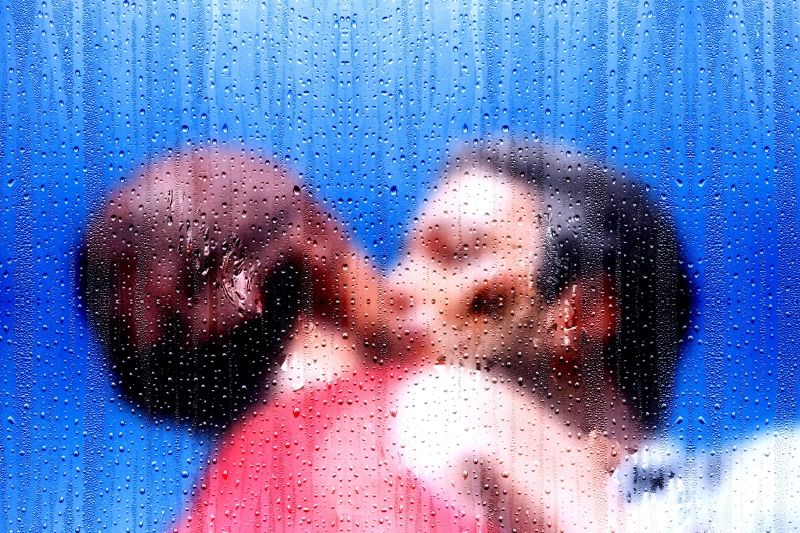headshot, emotion, females, drip, contemplation, child, pair, close-up, luck, window, glass - material, human face, woman, human body part, blue, 4K, transparent