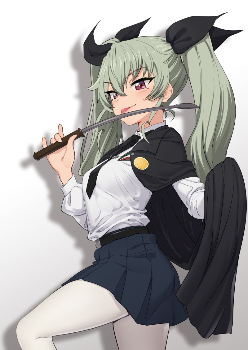 long hair, Girls und Panzer, Anchovy (Girls und Panzer), 1080P, green hair, anime girls, skirt, red eyes, anime