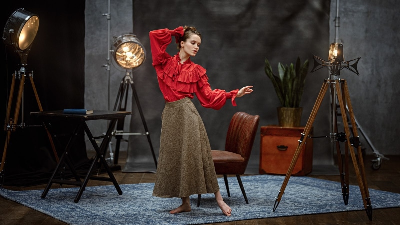 red dress, Georgy Chernyadyev, long skirt, women, model, 720P, barefoot, brunette